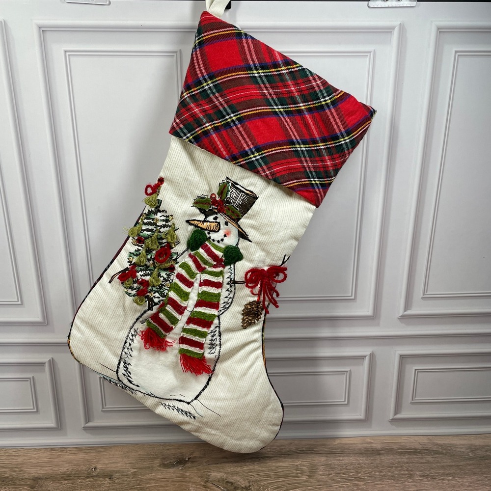 Pier 1 Snowman Christmas Stocking Red Plaid Cuff Cozy Holiday Decor Gift‎